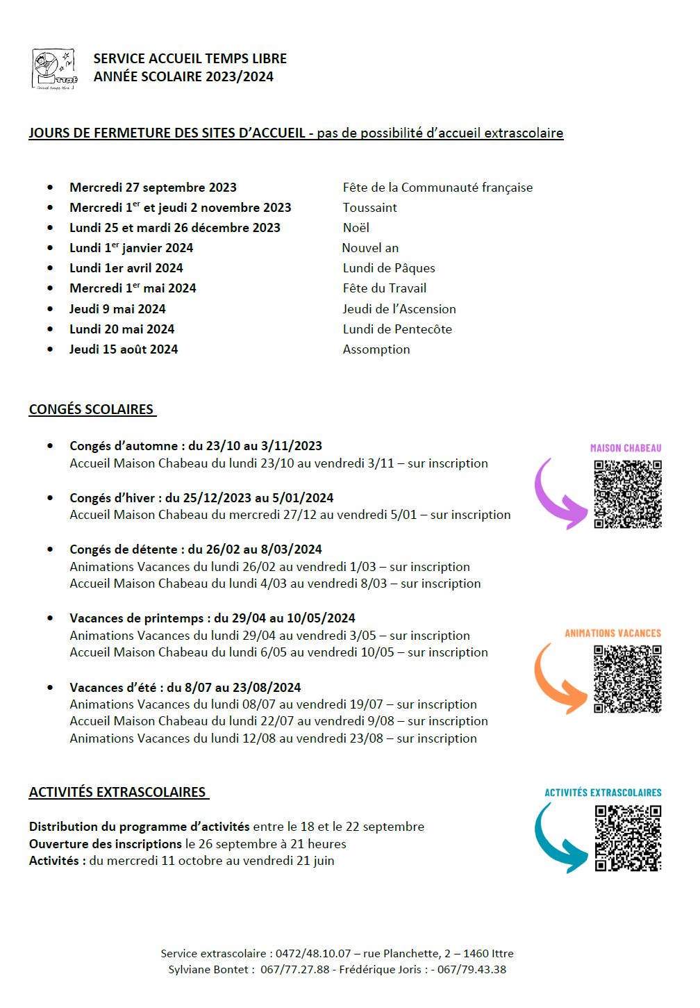 Les dates du service extrascolaire