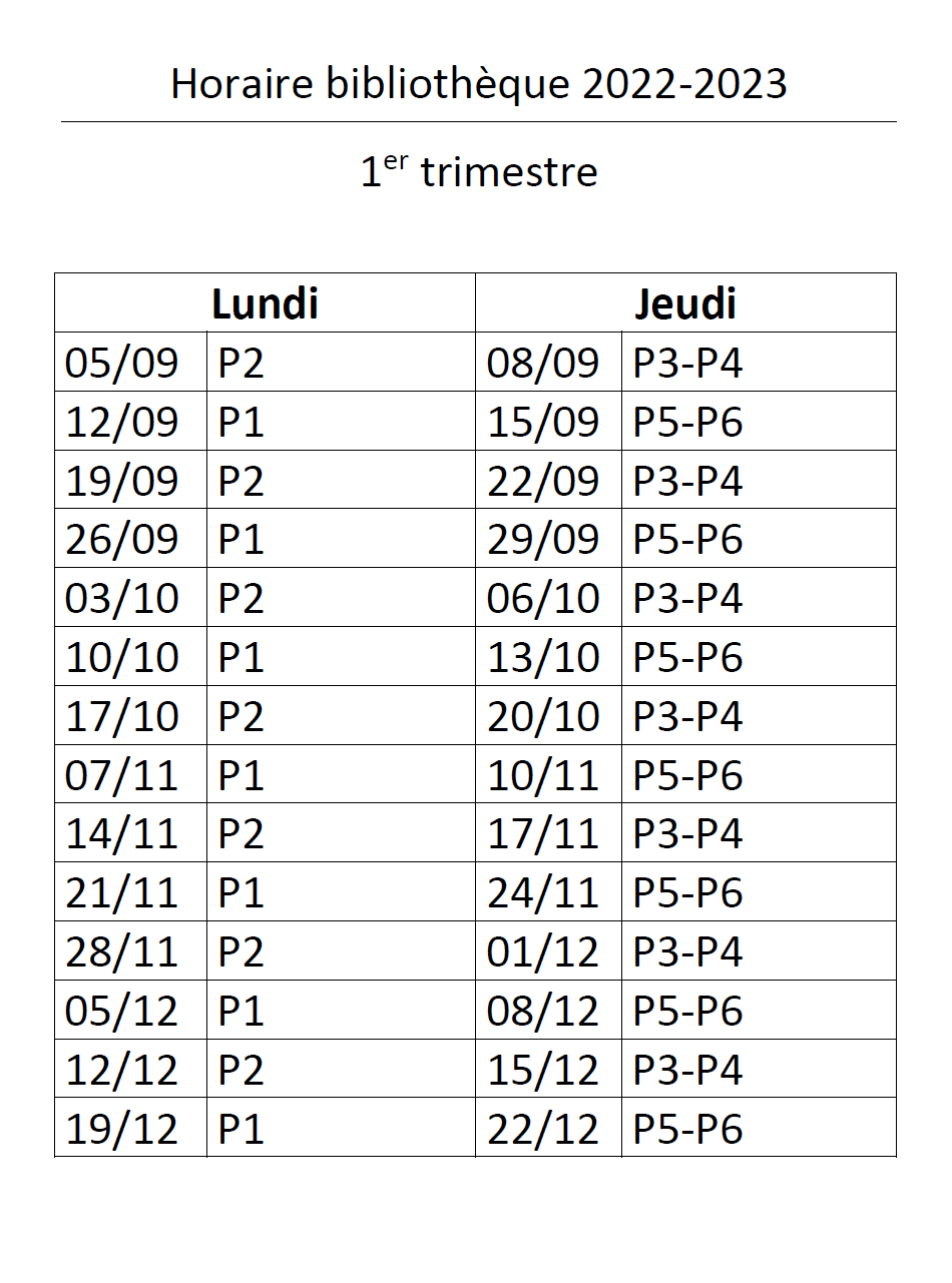 Horaire bibliothèque 22